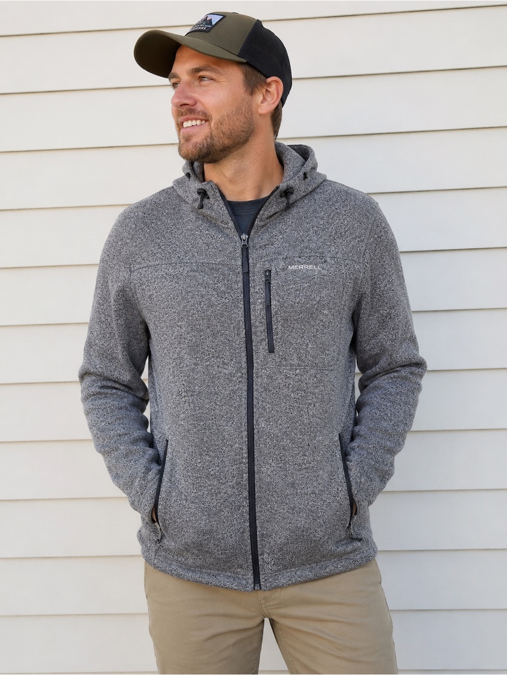 Merrell Men’s XL Gray Heather Full Zip Hooded Fleece Jacket Outdoor Hiking